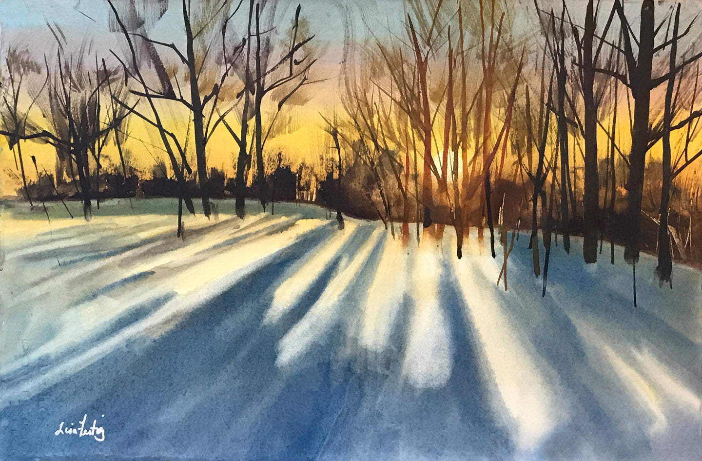 Sunset in the Snowy Woods